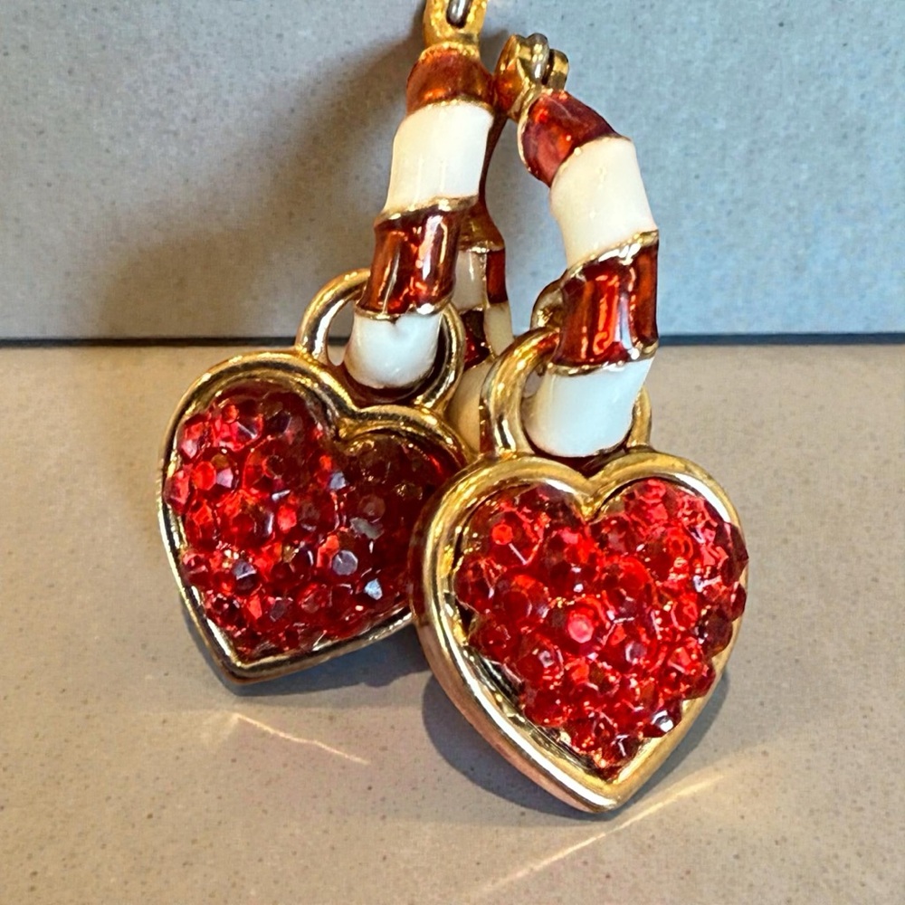 Red Heart Red and White Enamel Candy Cane Hope Dangle Pierced Earrings